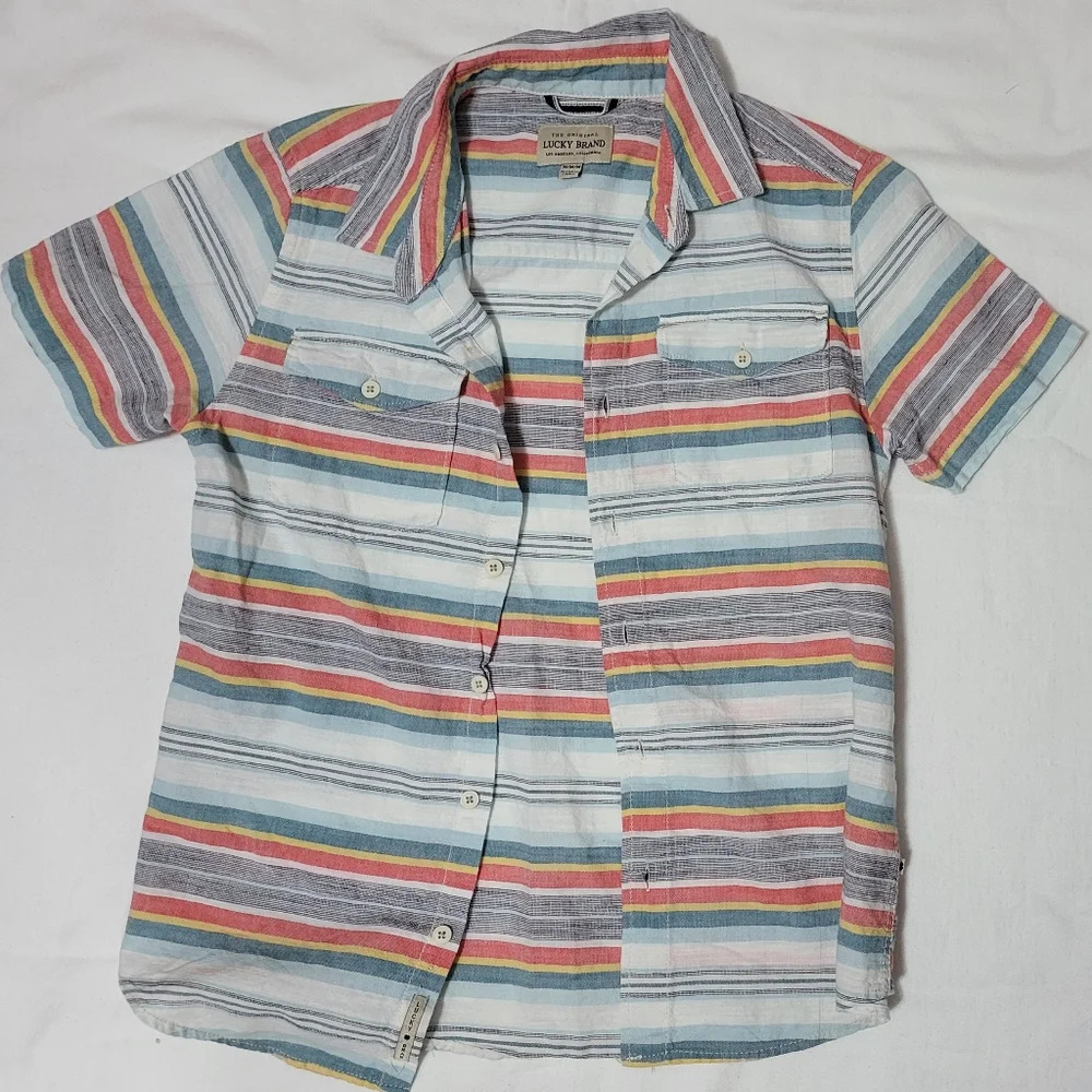 Lucky Brand Boys White Striped Preppy Cotton Short Sleeve Casual Button Shirt M